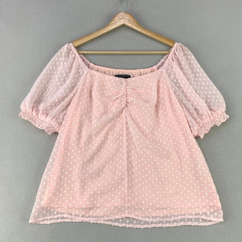 Banana Republic Swiss Dot Chiffon Blouse Women M Pink Square Neck Puff Sleeve